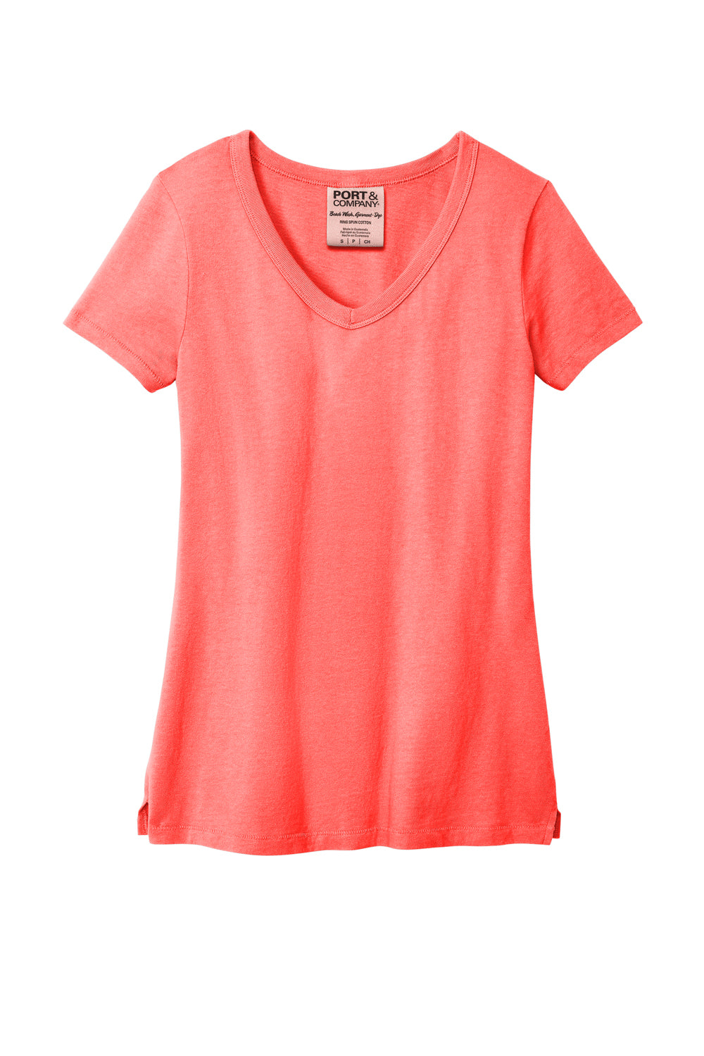 Port & Company LPC099V Womens Beach Wash Garment Dyed Short Sleeve V-Neck T-Shirt Poppy Red Flat Front