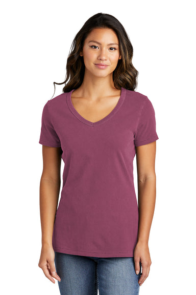 Port & Company LPC099V Womens Beach Wash Garment Dyed Short Sleeve V-Neck T-Shirt Vintage Raspberry Front