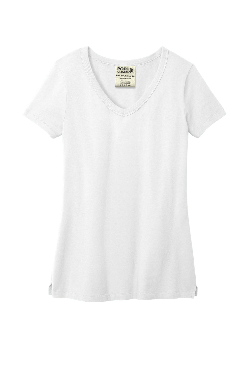 Port & Company LPC099V Womens Beach Wash Garment Dyed Short Sleeve V-Neck T-Shirt White Flat Front
