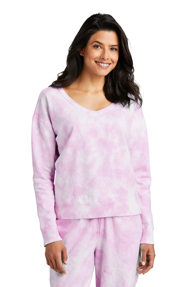 Port & Company Womens Beach Wash Tie Dye V Neck Sweatshirt Cerise Pink Front