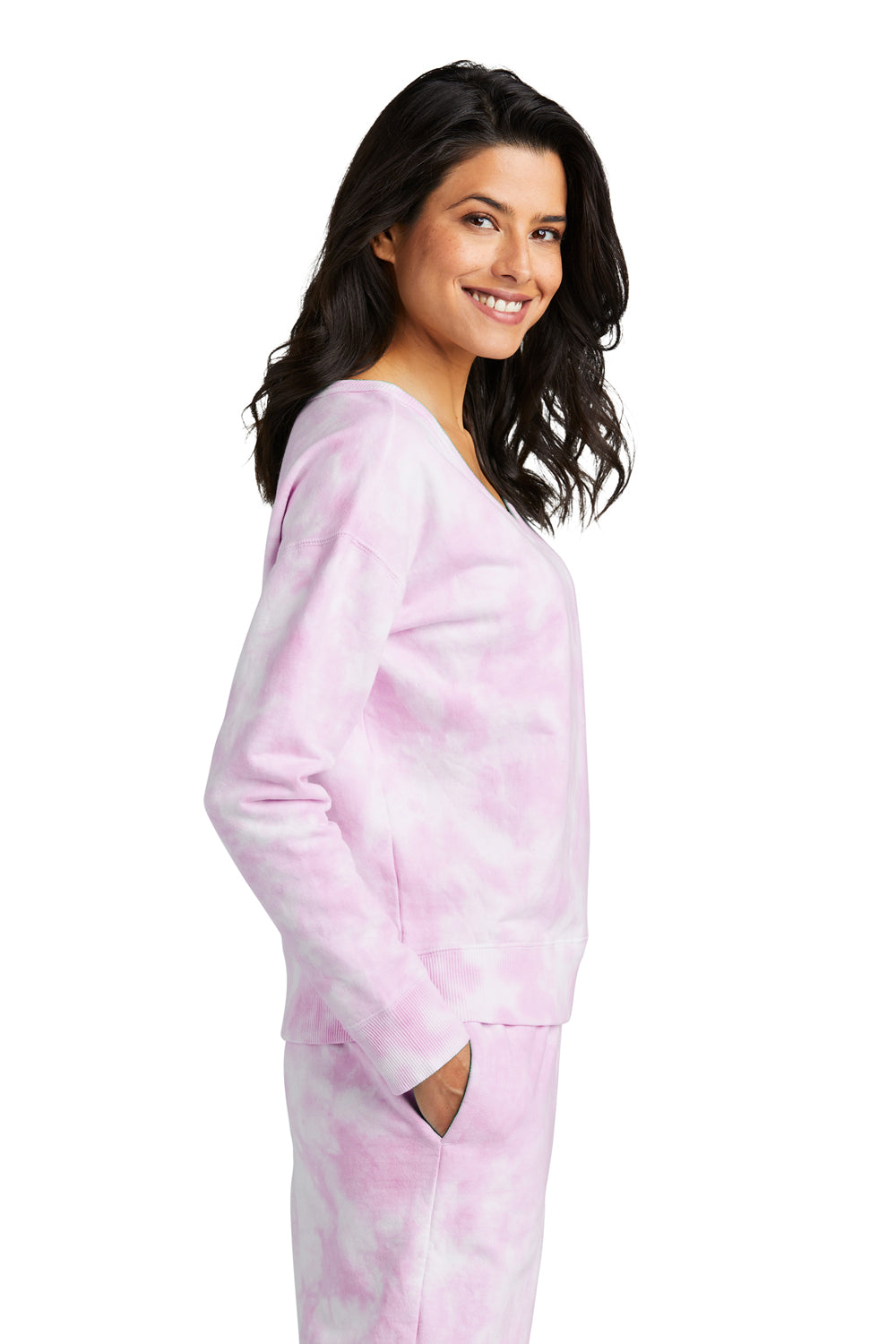 Port & Company Womens Beach Wash Tie Dye V Neck Sweatshirt Cerise Pink Side