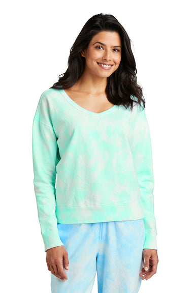 Port & Company Womens Beach Wash Tie Dye V Neck Sweatshirt Cool Mint Green Front