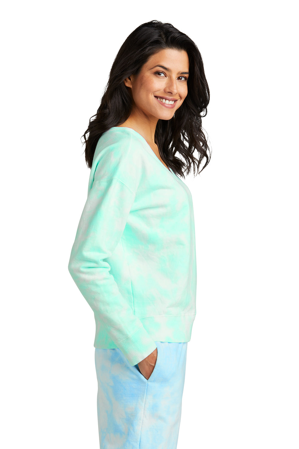 Port & Company Womens Beach Wash Tie Dye V Neck Sweatshirt Cool Mint Green Side