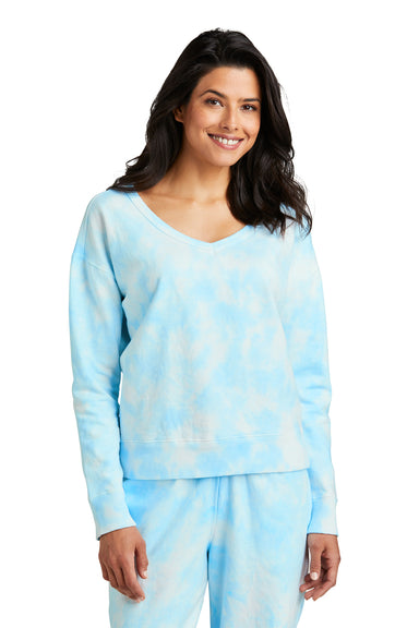 Port & Company Womens Beach Wash Tie Dye V Neck Sweatshirt Glacier Blue Front