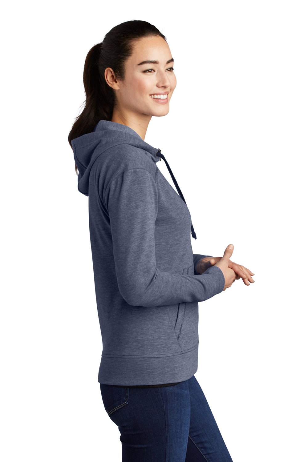 Sport-Tek Womens Moisture Wicking Fleece Full Zip Hooded Sweatshirt Hoodie Heather True Navy Blue Side
