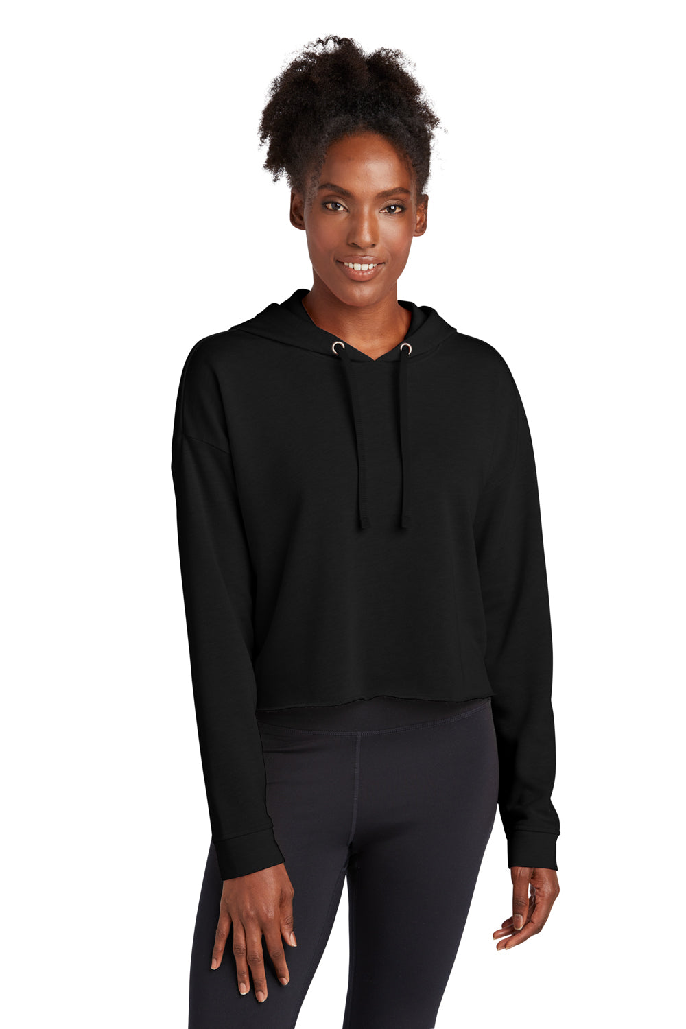 Sport-Tek Womens Moisture Wicking Fleece Crop Hooded Sweatshirt Hoodie Black Front