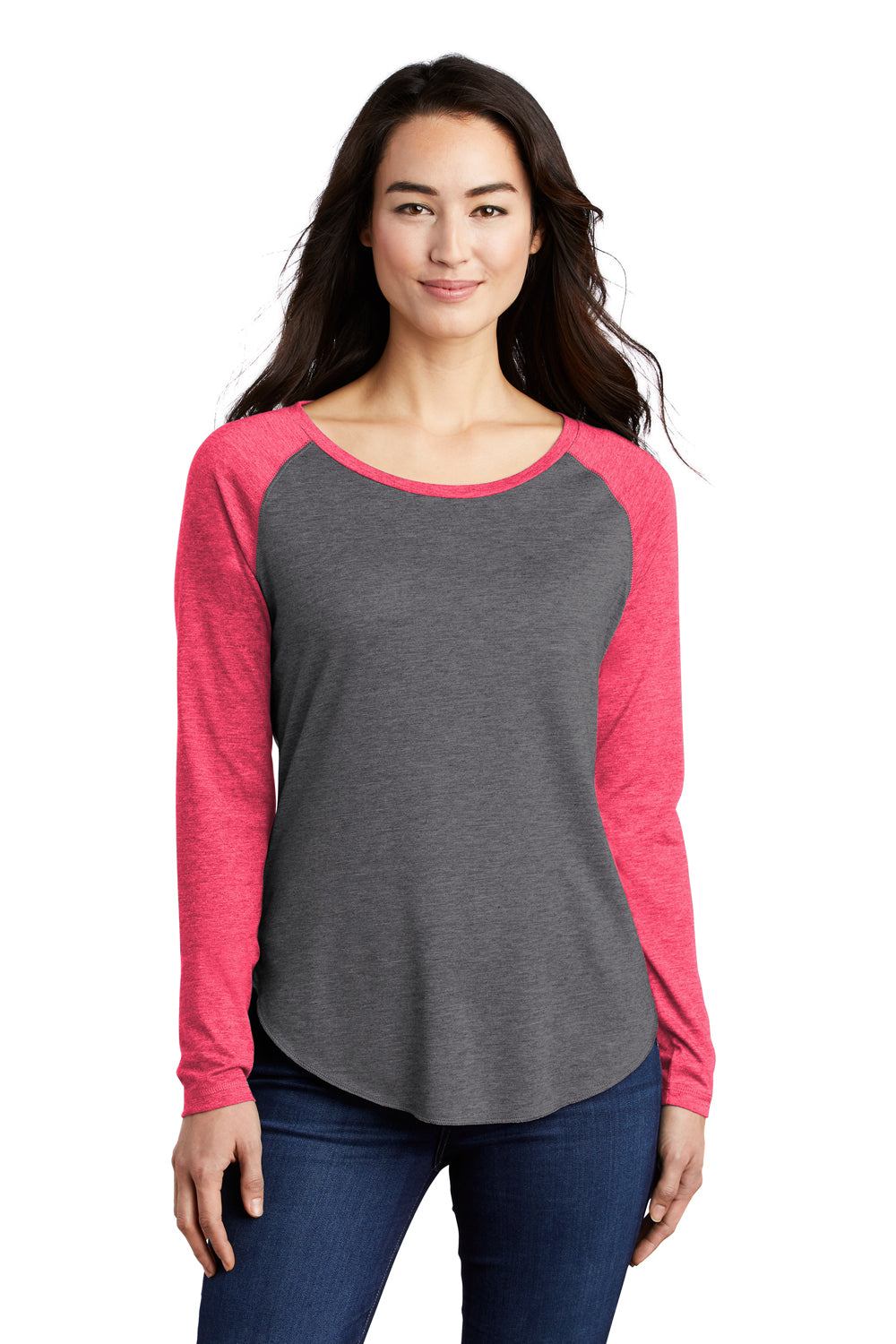 Sport-Tek Womens Moisture Wicking Long Sleeve Scoop Neck T-Shirt Heather Pink Raspberry/Heather Dark Grey Front