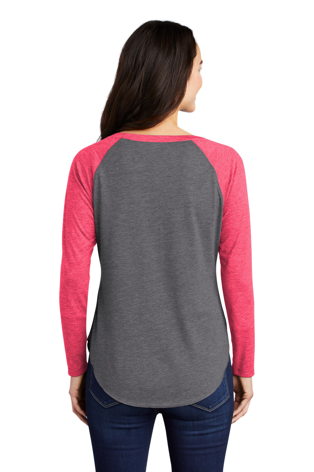 Sport-Tek Womens Moisture Wicking Long Sleeve Scoop Neck T-Shirt Heather Pink Raspberry/Heather Dark Grey Side