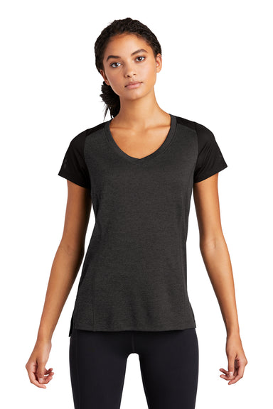 Sport-Tek Womens Endeavor Short Sleeve V-Neck T-Shirt Heather Black/Black Front