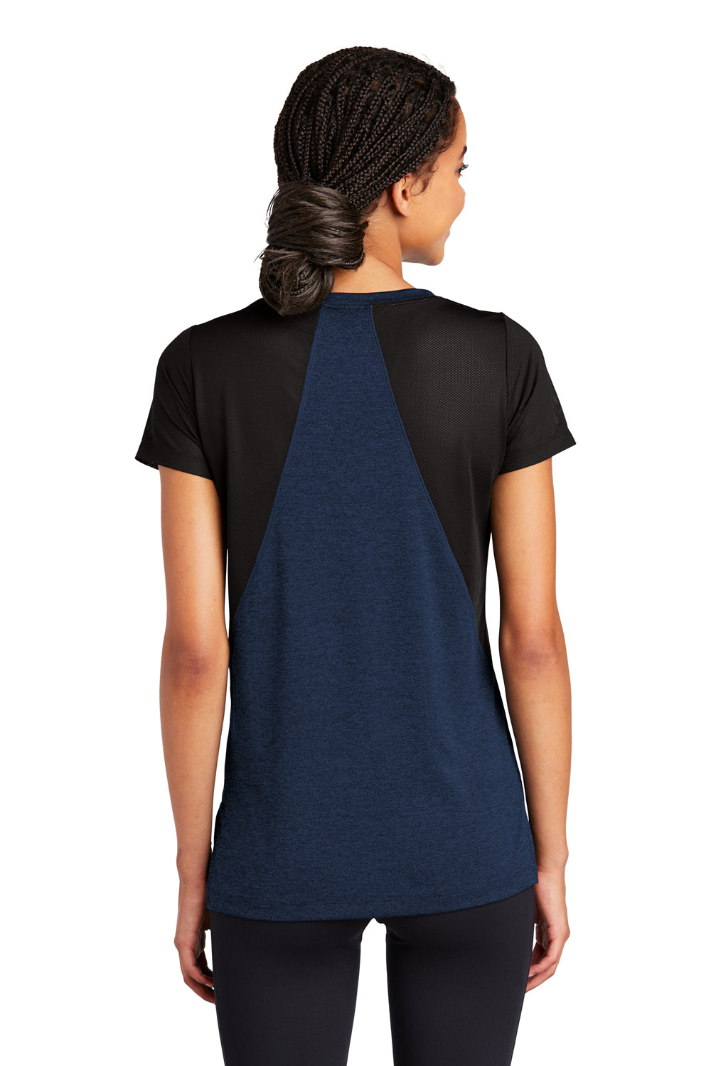 Sport-Tek Womens Endeavor Short Sleeve V-Neck T-Shirt Heather Dark Royal Blue/Black Side