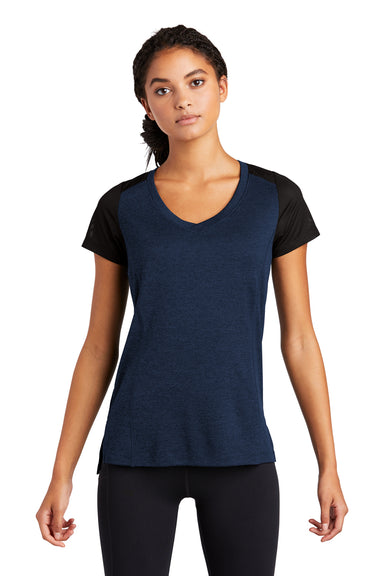 Sport-Tek Womens Endeavor Short Sleeve V-Neck T-Shirt Heather Dark Royal Blue/Black Front