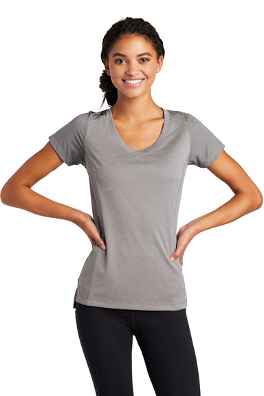 Sport-Tek Womens Endeavor Short Sleeve V-Neck T-Shirt Heather Light Grey/Light Grey Front