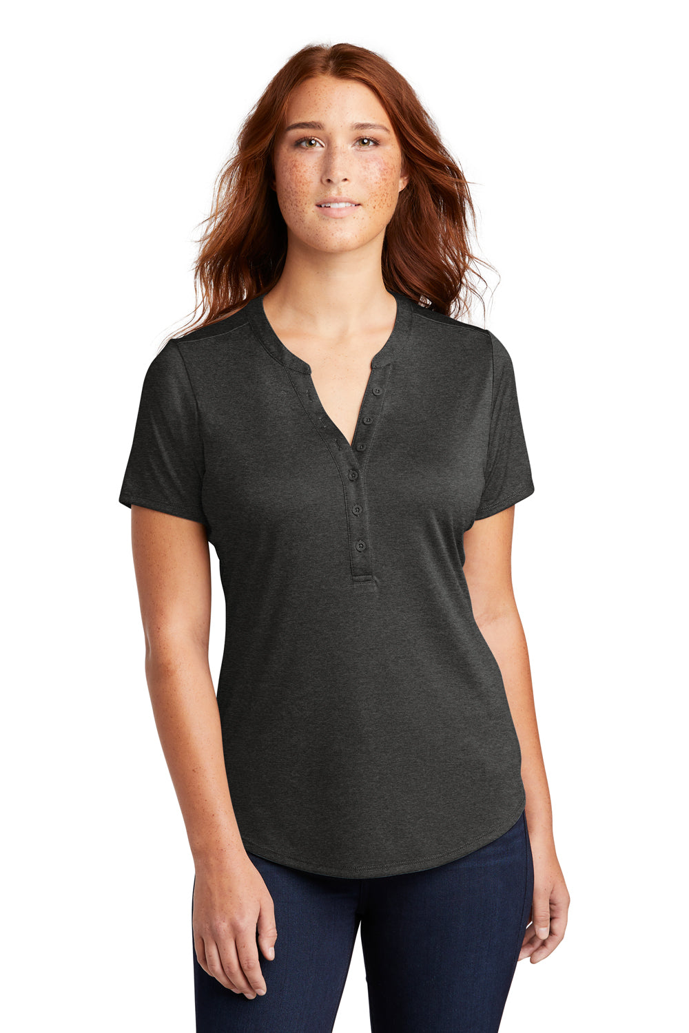 Sport-Tek Womens Endeavor Short Sleeve Polo Shirt Heather Black Front