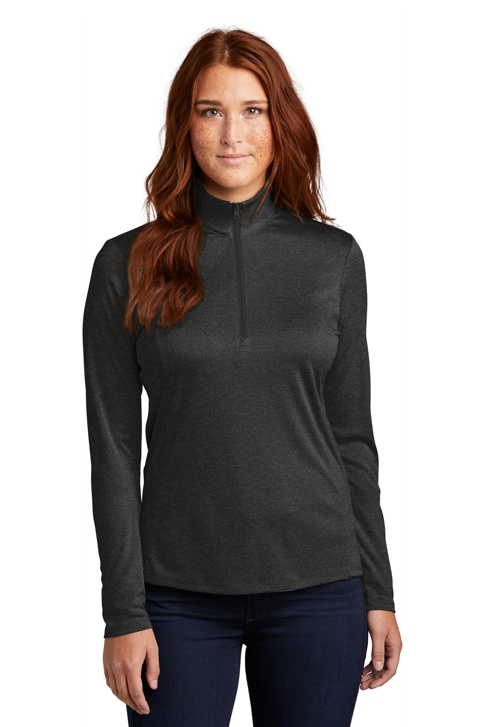 Sport-Tek Womens Endeavor 1/4 Zip Sweatshirt Heather Black Front