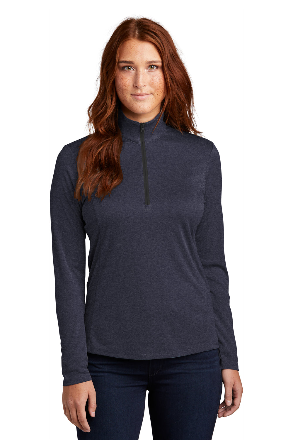 Sport-Tek Womens Endeavor 1/4 Zip Sweatshirt Heather Deep Navy Blue Front