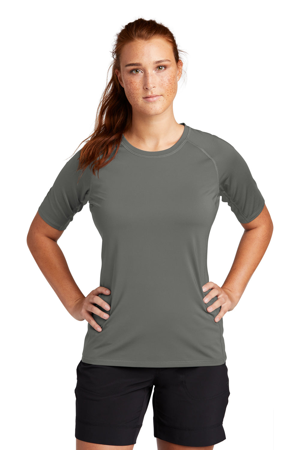 Sport-Tek Womens Rashguard Short Sleeve Crewneck T-Shirt Dark Smoke Grey Front