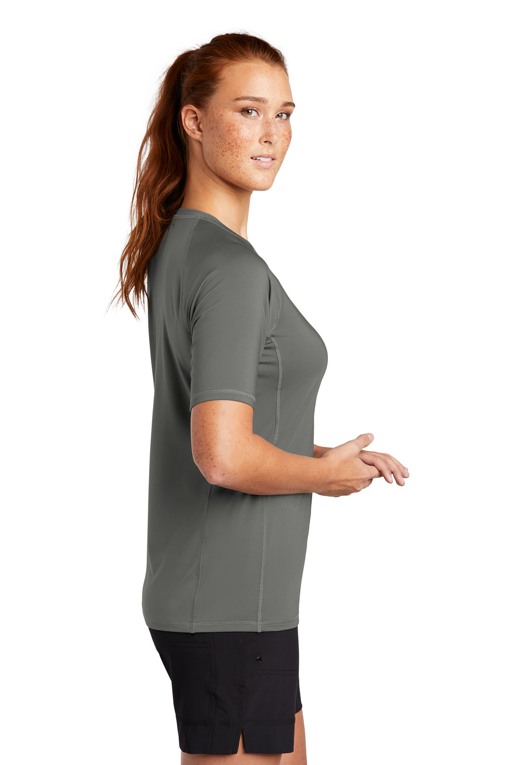 Sport-Tek Womens Rashguard Short Sleeve Crewneck T-Shirt Dark Smoke Grey Side