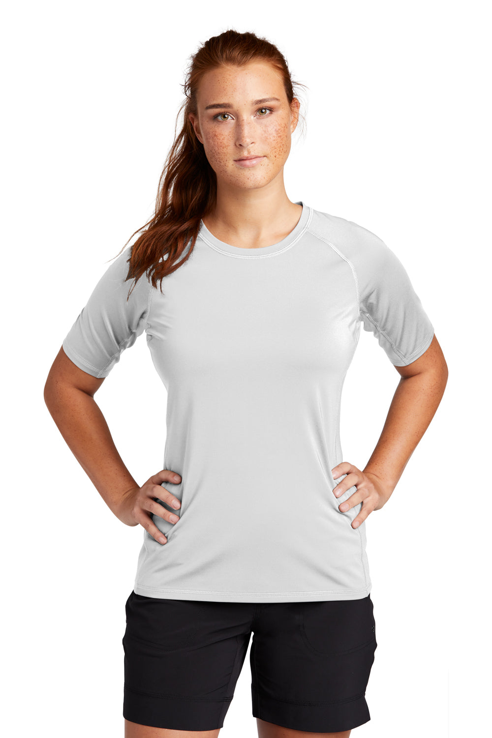 Sport-Tek Womens Rashguard Short Sleeve Crewneck T-Shirt White Front