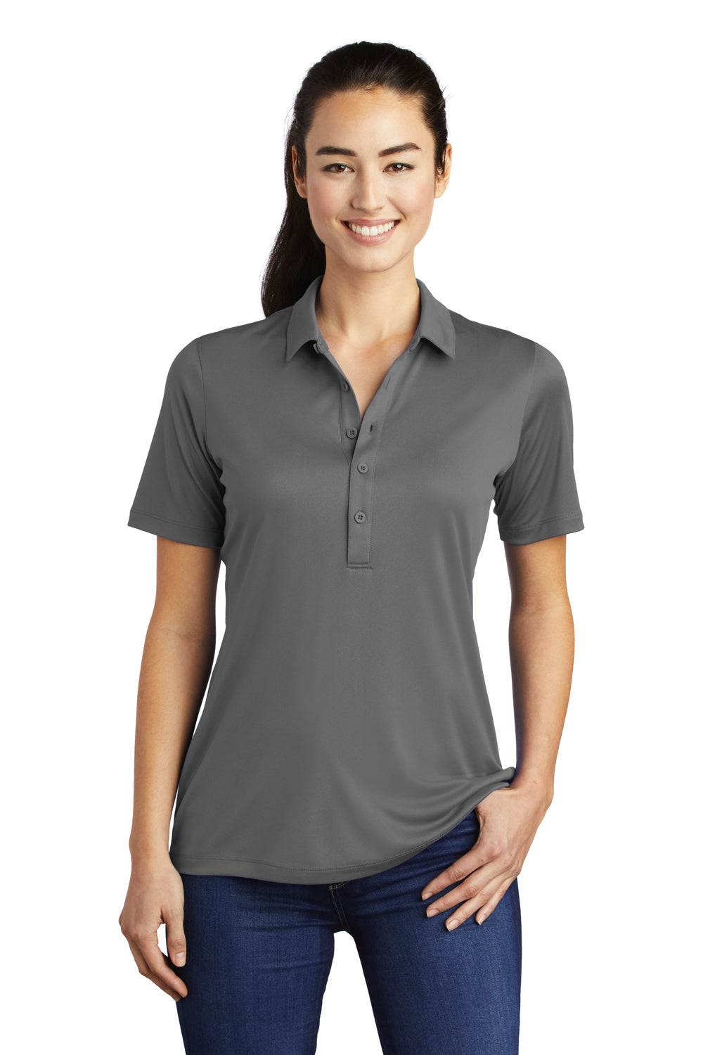 Sport-Tek Womens Short Sleeve Polo Shirt Dark Smoke Grey Front
