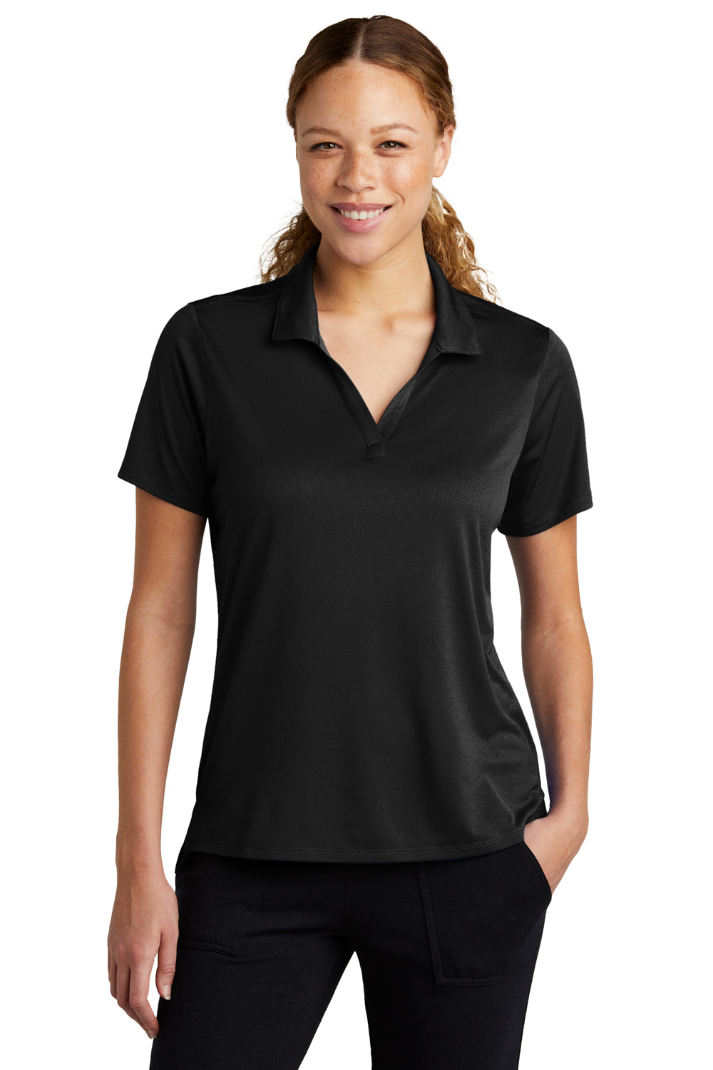 Sport-Tek Womens Sideline Short Sleeve Polo Shirt Black Front