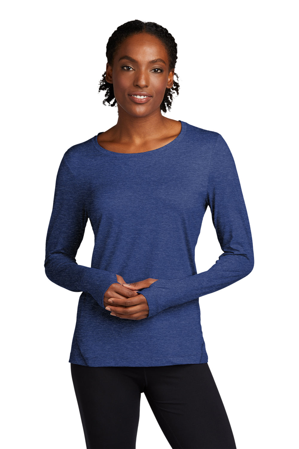 Sport-Tek Womens Exchange 1.5 Long Sleeve Crewneck T-Shirt Heather True Royal Blue Front