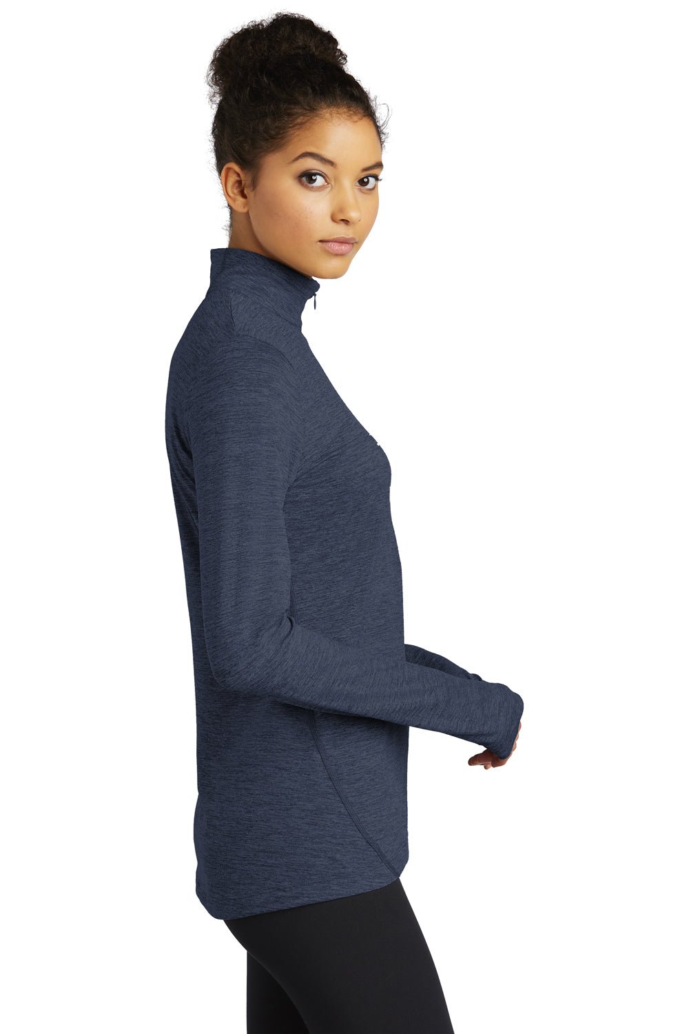 Sport-Tek Womens Exchange 1.5 Long Sleeve 1/4 Zip T-Shirt Heather Dark Denim Blue Side