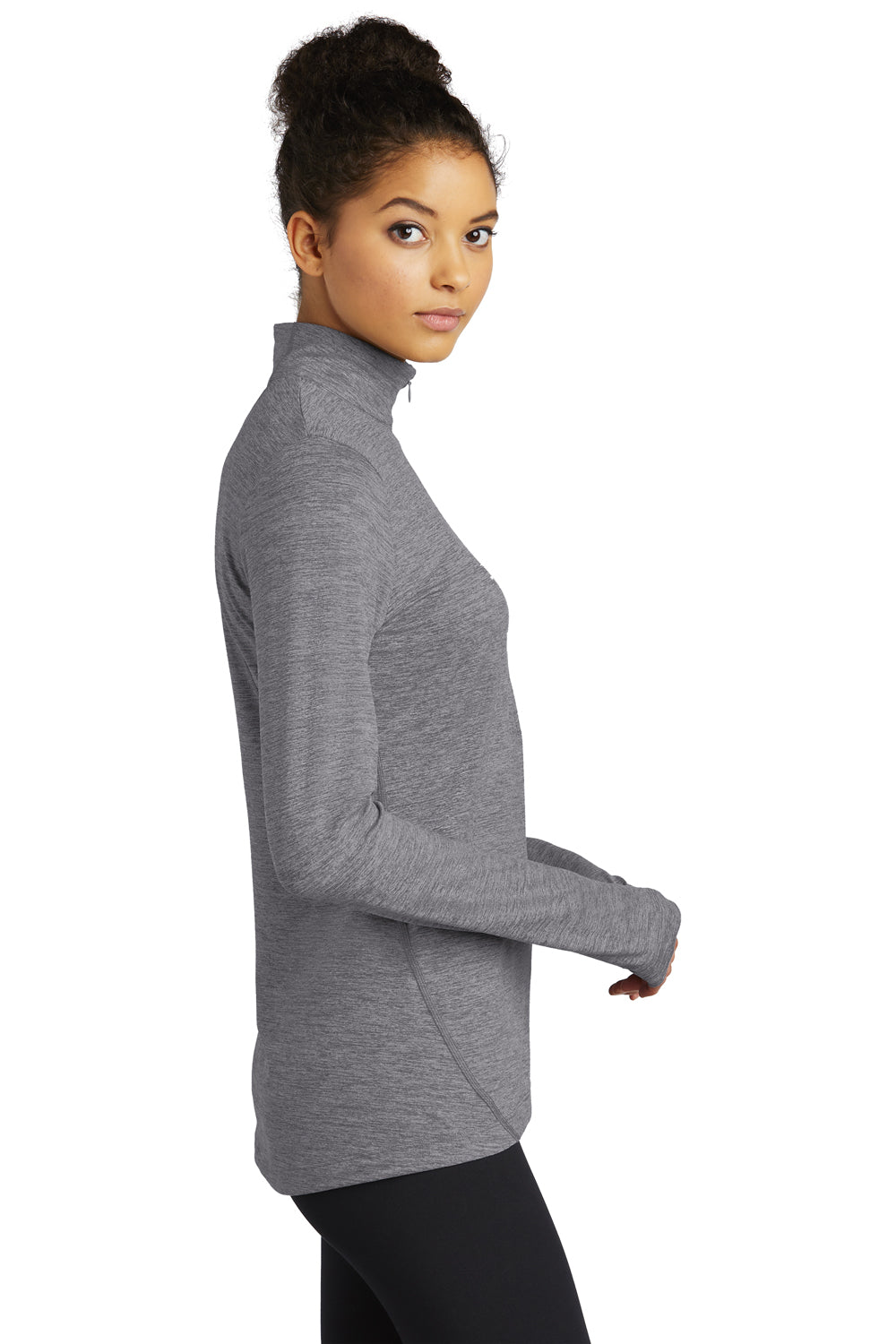 Sport-Tek Womens Exchange 1.5 Long Sleeve 1/4 Zip T-Shirt Heather Grey Side