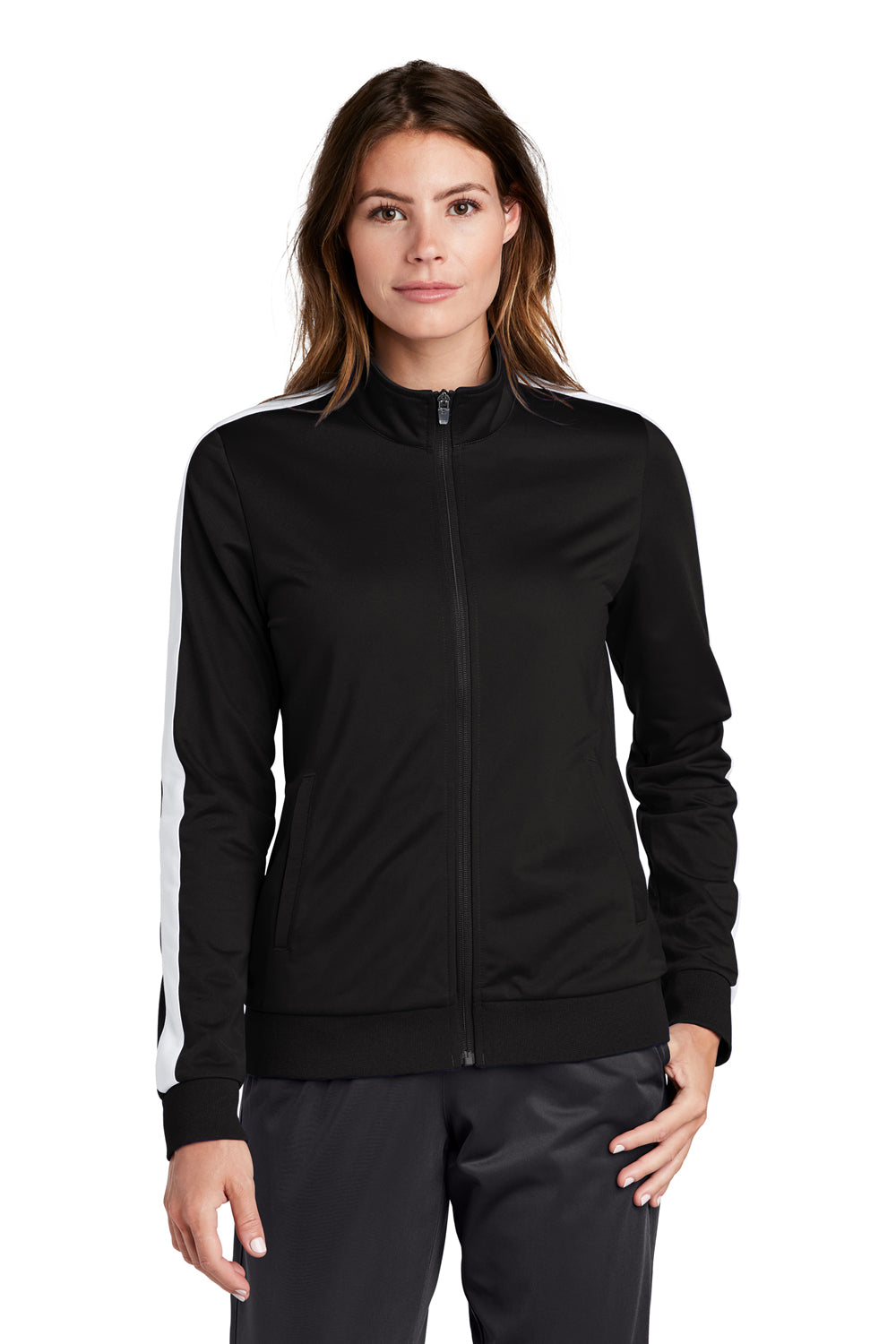 Sport-Tek Womens Full Zip Track Jacket Black/White Front