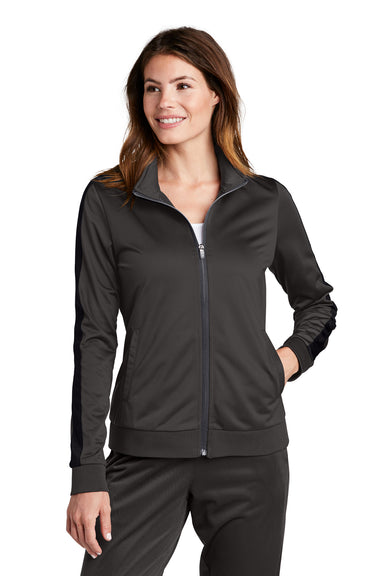 Sport-Tek Womens Full Zip Track Jacket Graphite Grey/Black Front