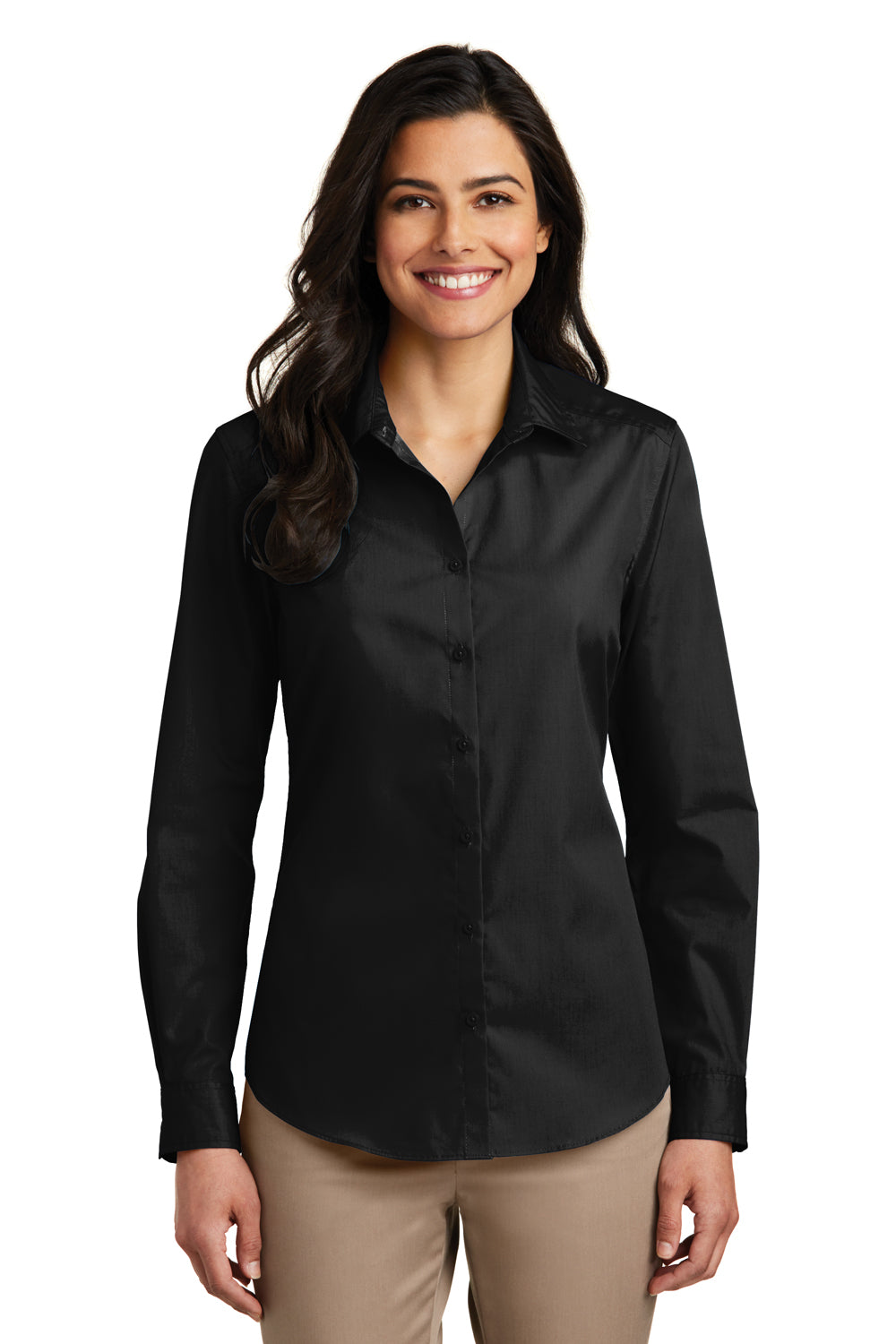 Port Authority LW100 Womens Carefree Stain Resistant Long Sleeve Button Down Shirt Deep Black Front