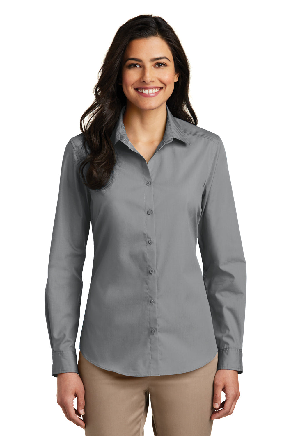 Port Authority LW100 Womens Carefree Stain Resistant Long Sleeve Button Down Shirt Gusty Grey Front