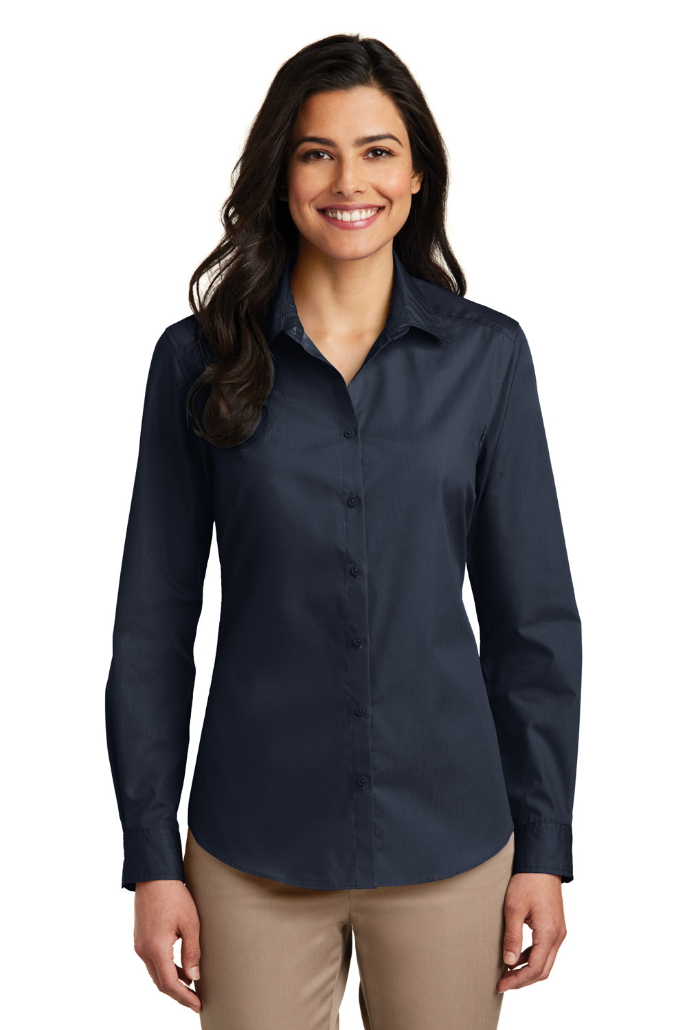 Port Authority LW100 Womens Carefree Stain Resistant Long Sleeve Button Down Shirt River Navy Blue Front