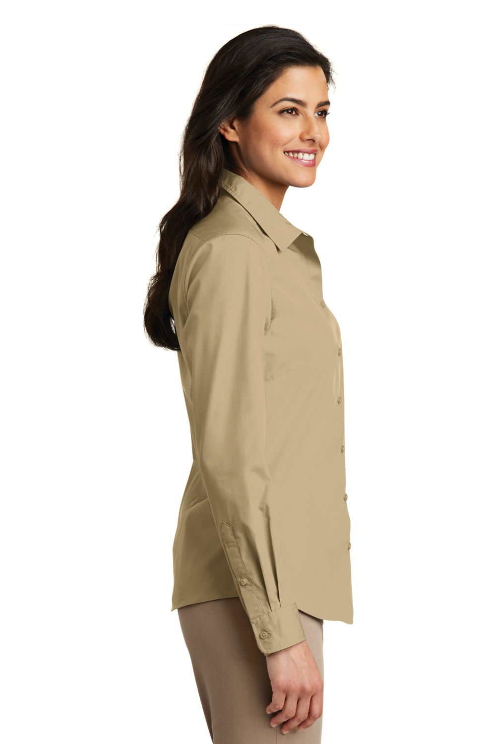 Port Authority LW100 Womens Carefree Stain Resistant Long Sleeve Button Down Shirt Wheat Side