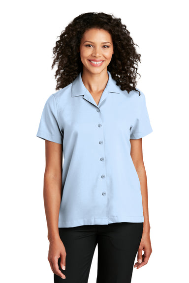 Port Authority Womens Performance Short Sleeve Button Down Camp Shirt Cloud Blue Front