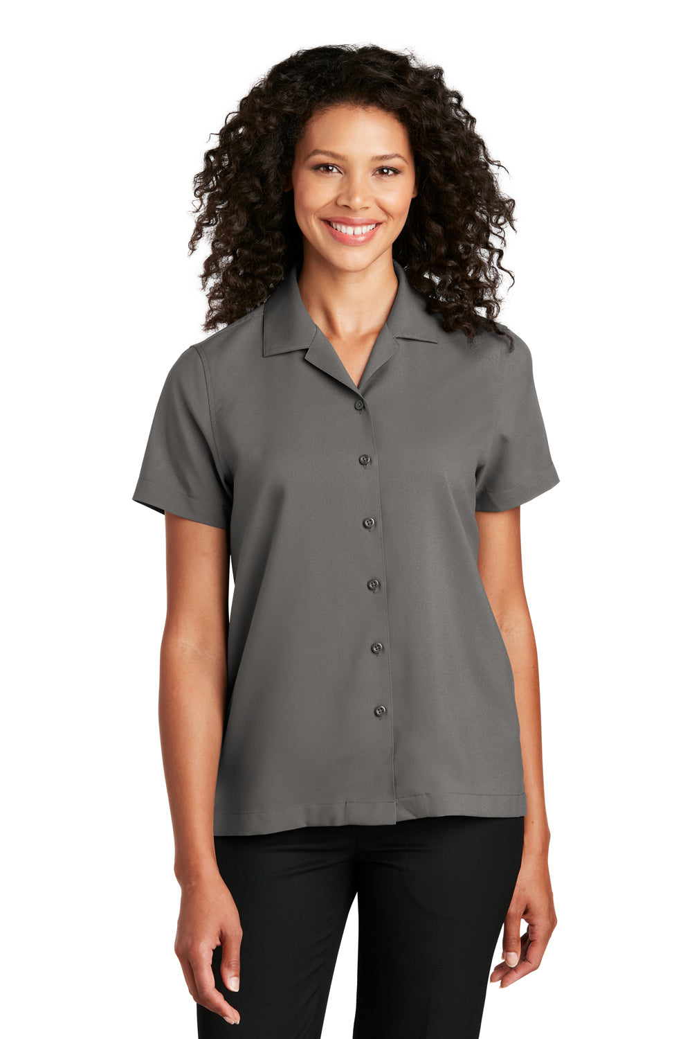 Port Authority Womens Performance Short Sleeve Button Down Camp Shirt Graphite Grey Front