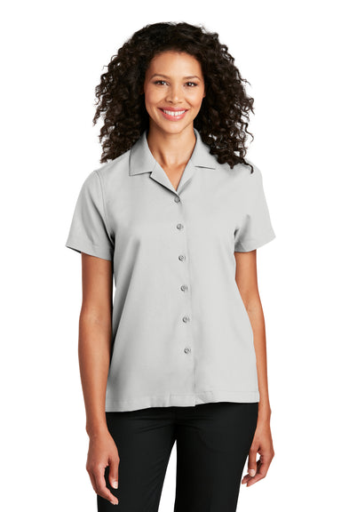 Port Authority Womens Performance Short Sleeve Button Down Camp Shirt Silver Grey Front
