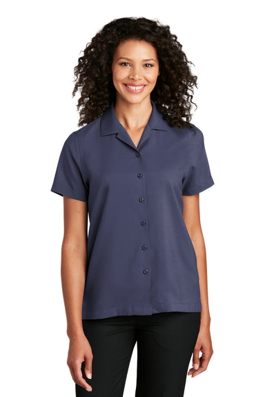 Port Authority Womens Performance Short Sleeve Button Down Camp Shirt True Navy Blue Front