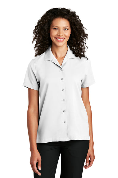 Port Authority Womens Performance Short Sleeve Button Down Camp Shirt White Front