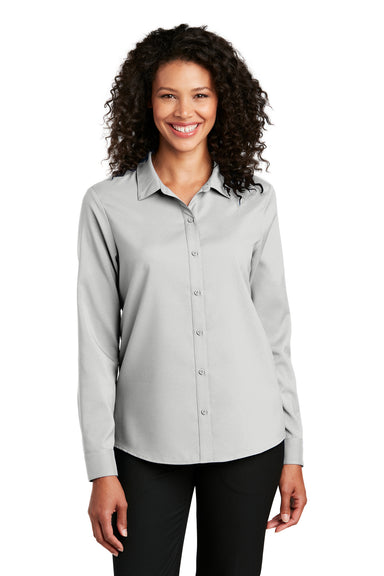 Port Authority Womens Performance Long Sleeve Button Down Shirt Silver Grey Front