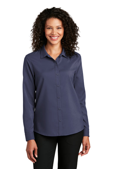Port Authority Womens Performance Long Sleeve Button Down Shirt True Navy Blue Front