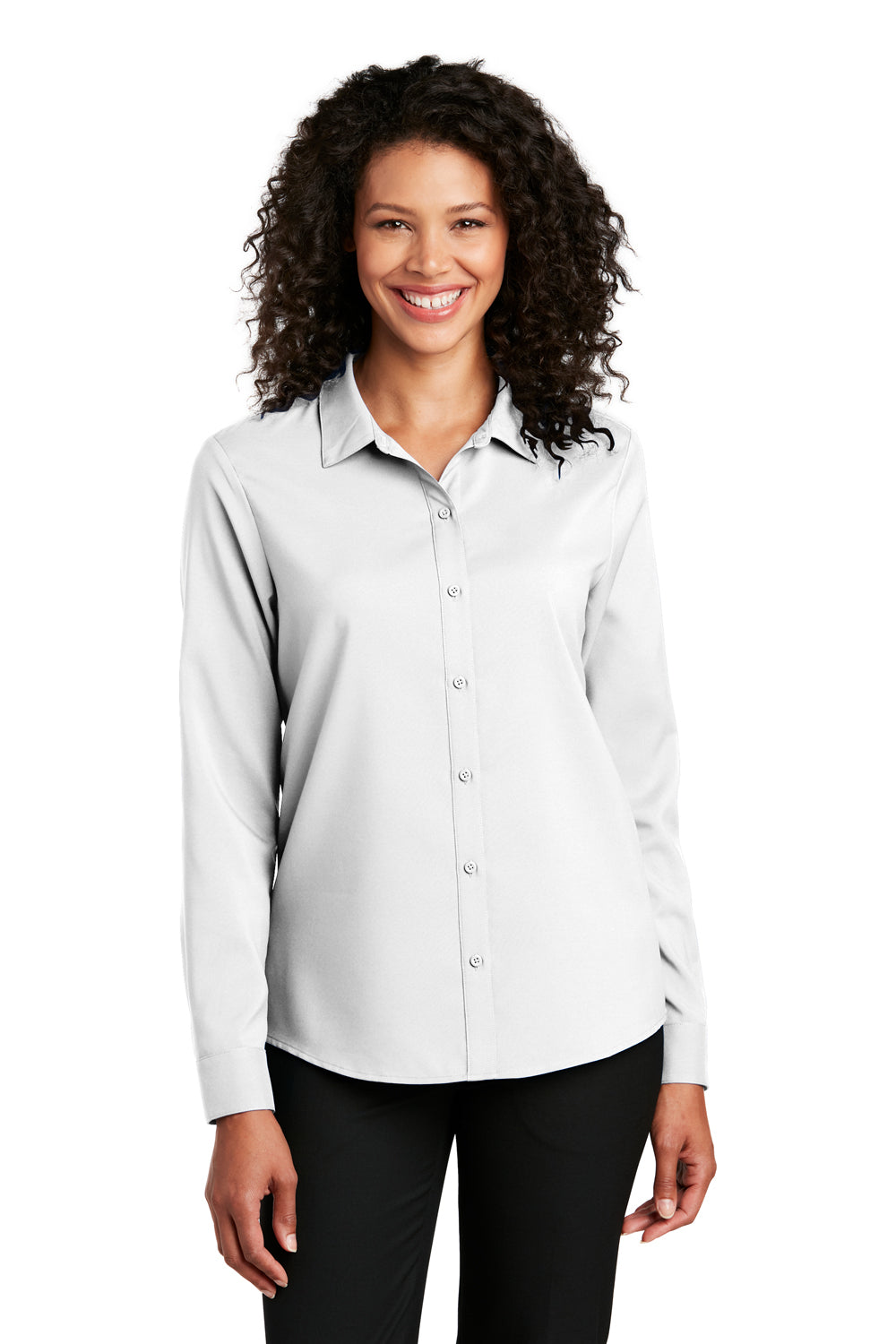 Port Authority Womens Performance Long Sleeve Button Down Shirt White Front