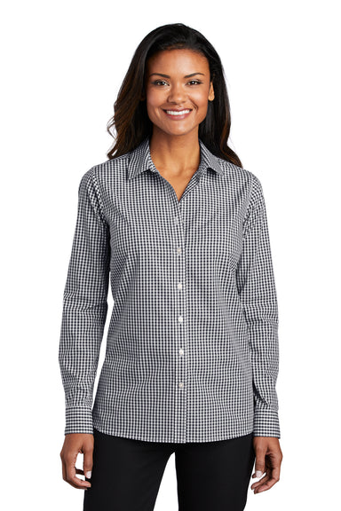 Port Authority Womens Broadcloth Gingham Long Sleeve Button Down Shirt Black/White Front