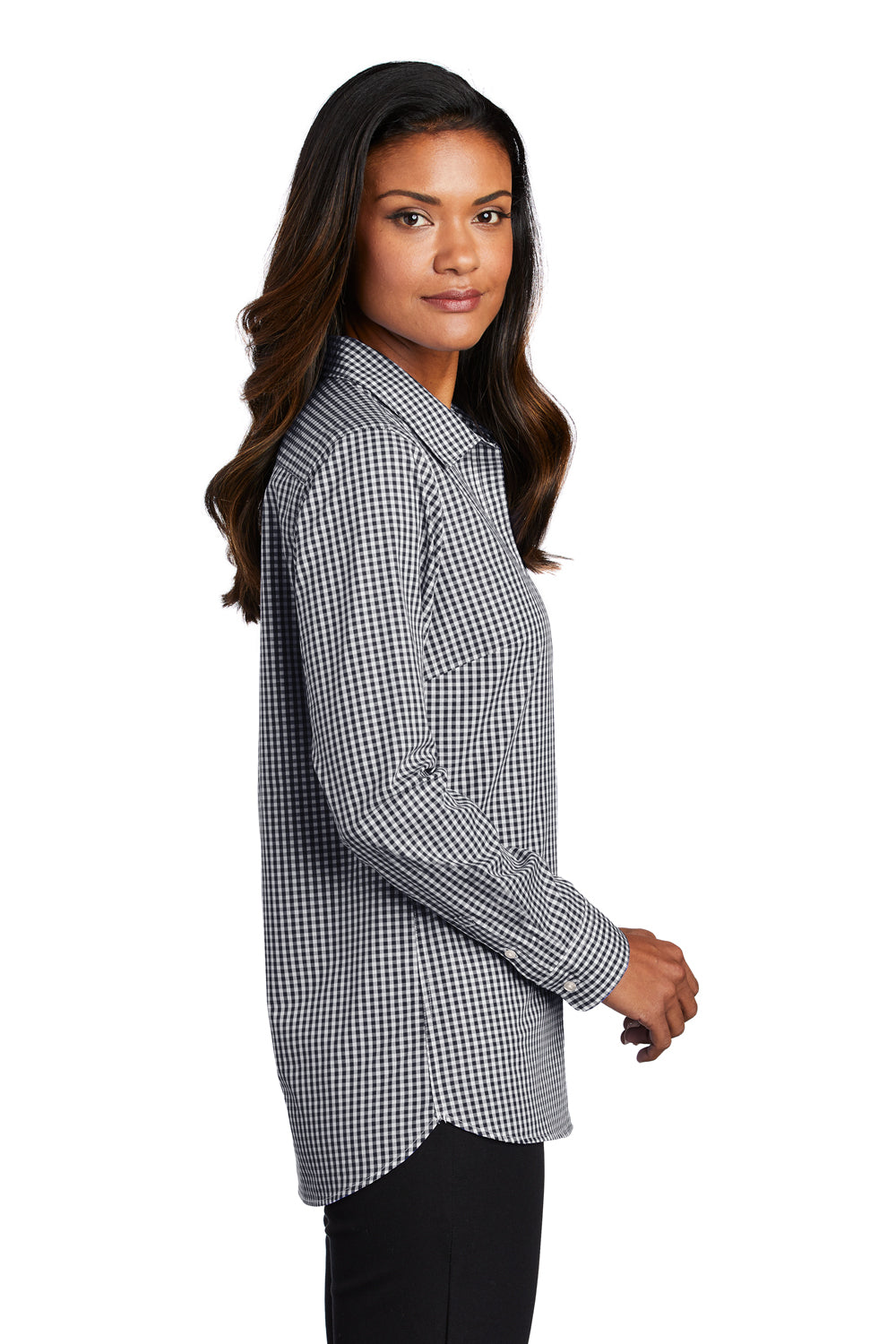 Port Authority Womens Broadcloth Gingham Long Sleeve Button Down Shirt Black/White Side