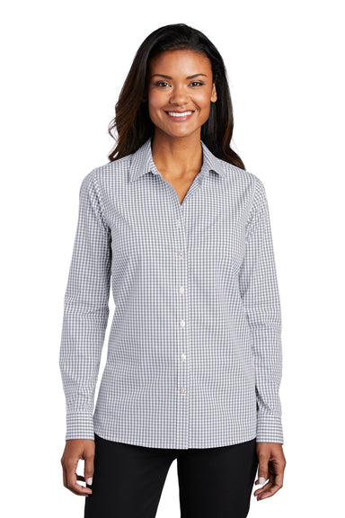 Port Authority Womens Broadcloth Gingham Long Sleeve Button Down Shirt Gusty Grey/White Front
