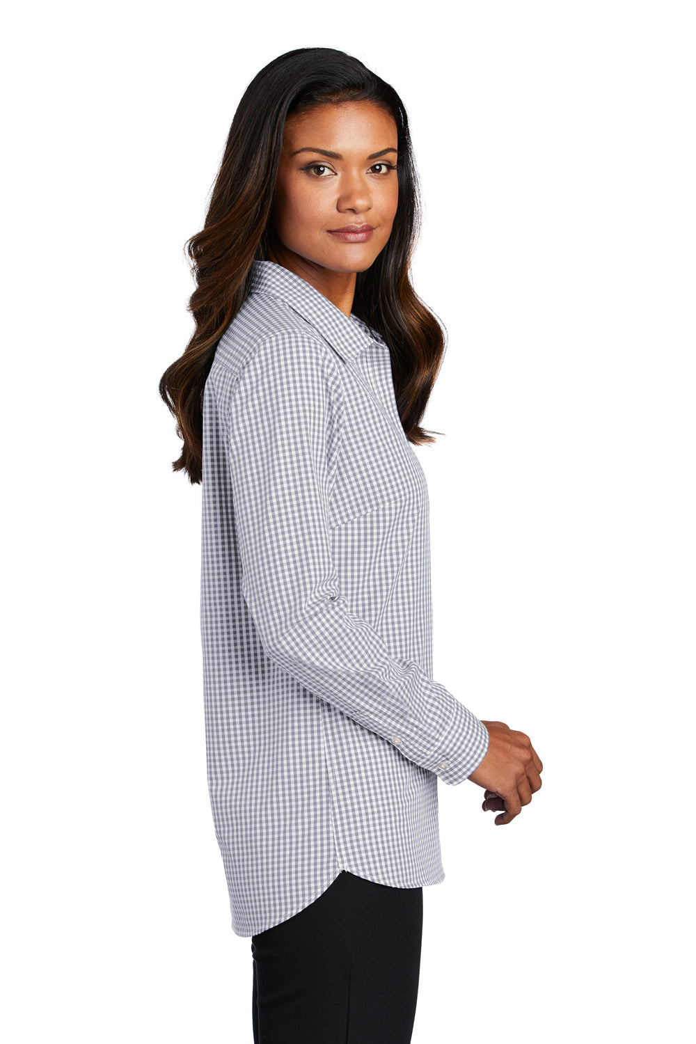 Port Authority Womens Broadcloth Gingham Long Sleeve Button Down Shirt Gusty Grey/White Side