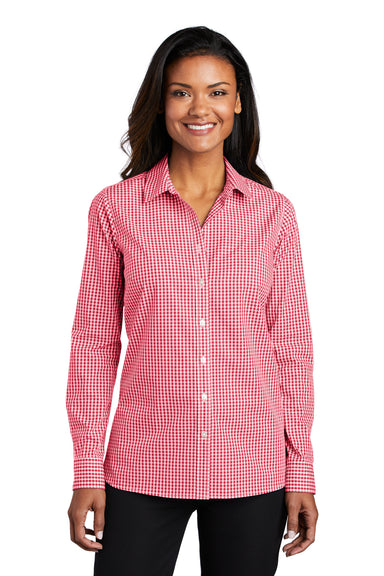 Port Authority Womens Broadcloth Gingham Long Sleeve Button Down Shirt Rich Red/White Front