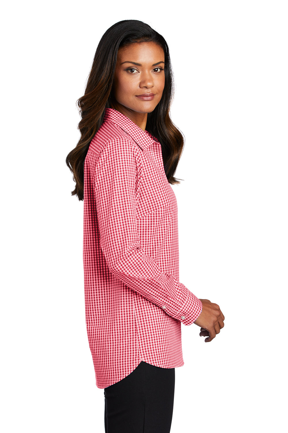 Port Authority Womens Broadcloth Gingham Long Sleeve Button Down Shirt Rich Red/White Side