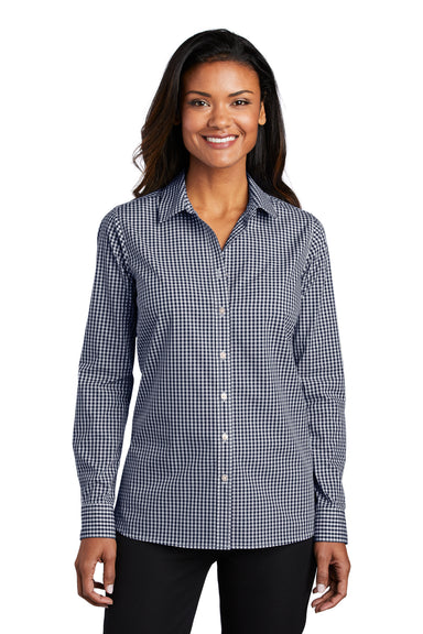 Port Authority Womens Broadcloth Gingham Long Sleeve Button Down Shirt True Navy Blue/White Front