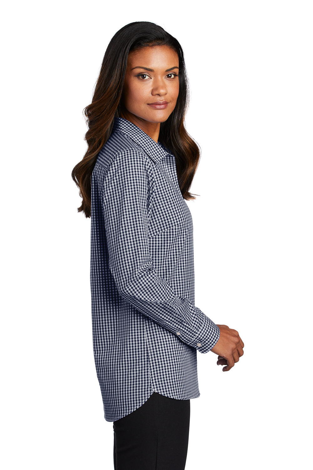 Port Authority Womens Broadcloth Gingham Long Sleeve Button Down Shirt True Navy Blue/White Side
