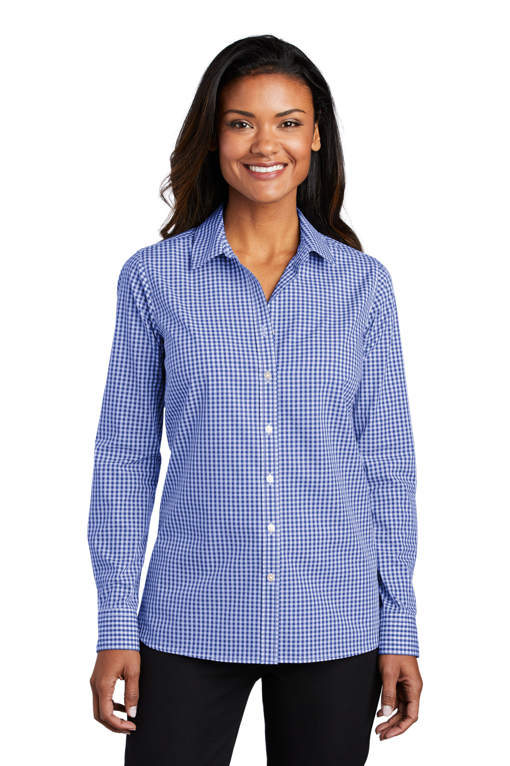 Port Authority Womens Broadcloth Gingham Long Sleeve Button Down Shirt True Royal Blue/White Front